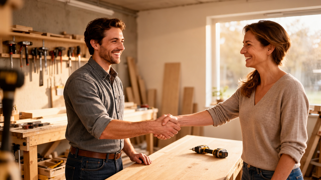 Handwerker und zufriedene Kundin geben sich die Hand in einer Werkstatt